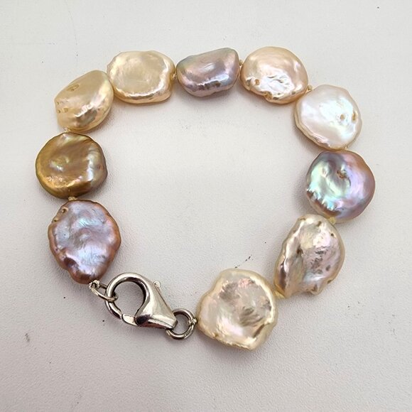 Large Keshi Baroque Pearl Necklace And Bracelet Set, Rainbow Colors 925  SS - Picture 14 of 15